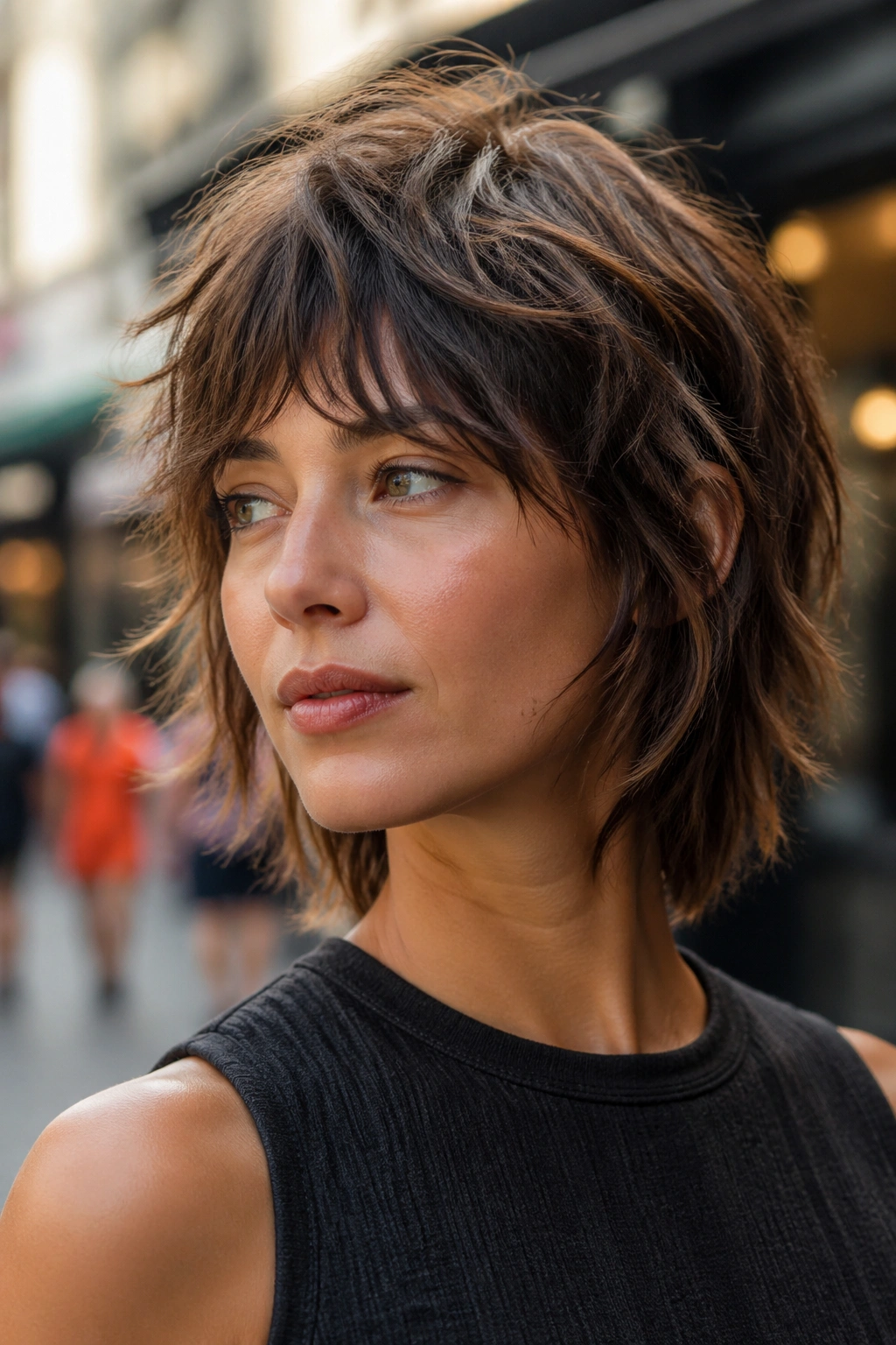 Portrait of a real person with a piecey razor-cut shag in an urban outdoor setting