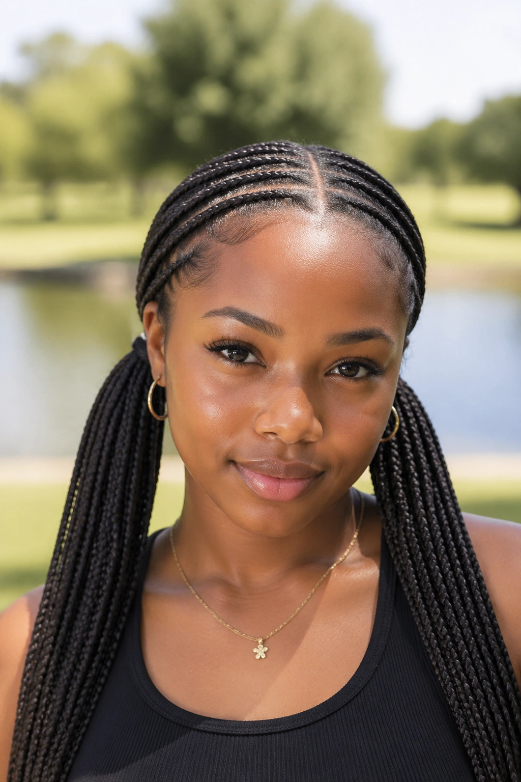 Close-up of a real woman with center-parted hair in two pigtails.