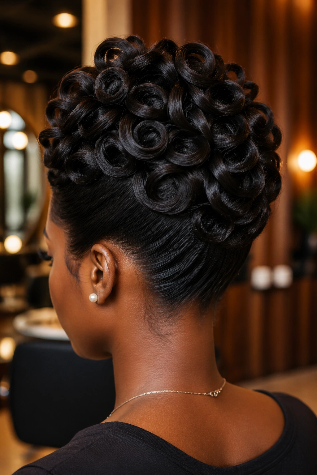 Back view of a real woman with a bun made from pin-curled silk-pressed hair.