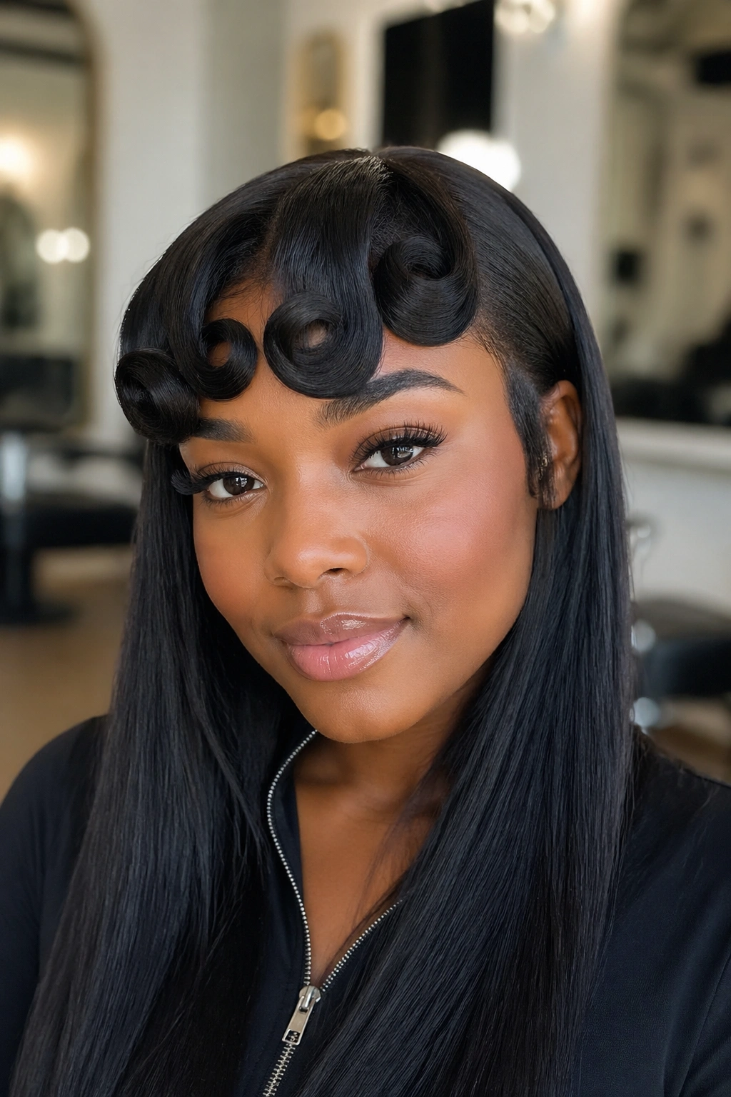 Close-up of a real woman with pin-curled fringe framing the forehead against smooth silk-pressed hair.