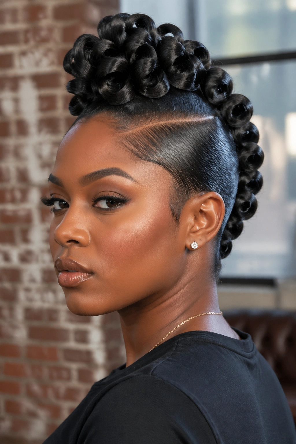 Close-up of a real woman with a pin curl mohawk on silk-pressed hair