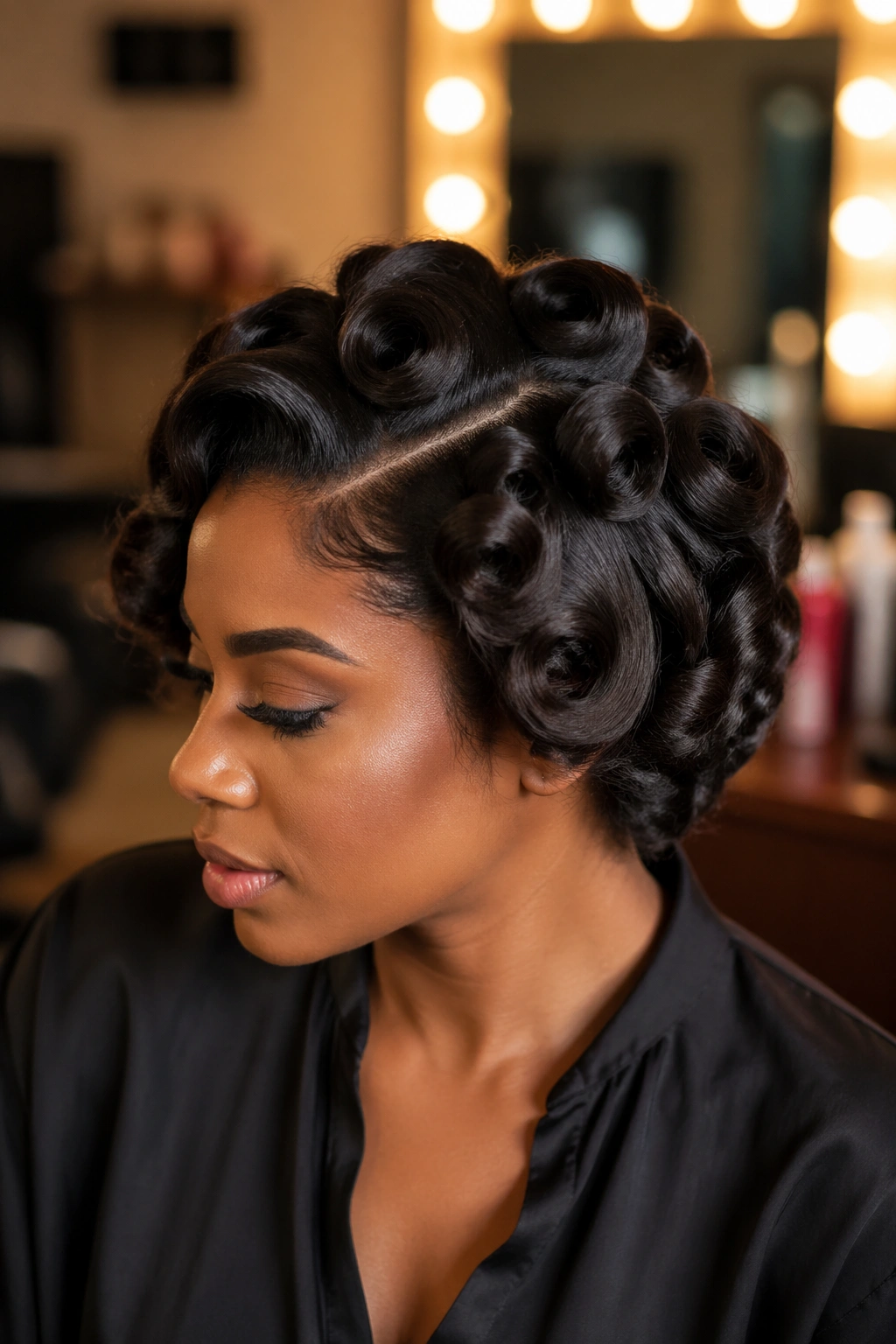 Portrait of a real woman displaying different pin curl types on silk-pressed hair.