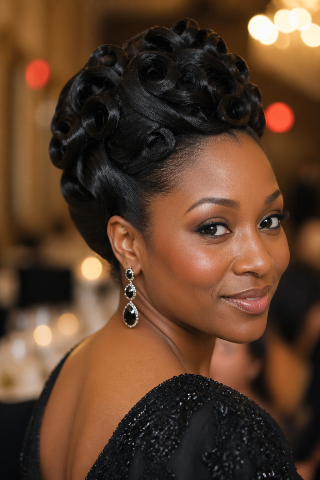 Close-up of a real woman with silk press pin curl updo