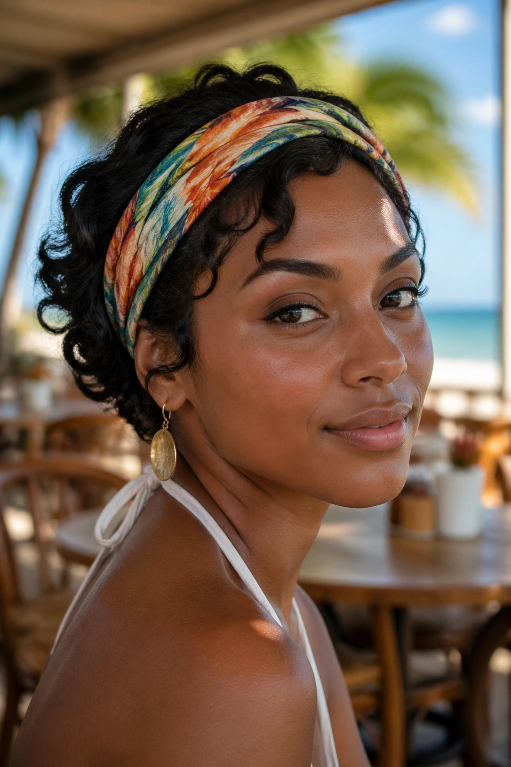 Close-up of pin curls under a headband at the beach