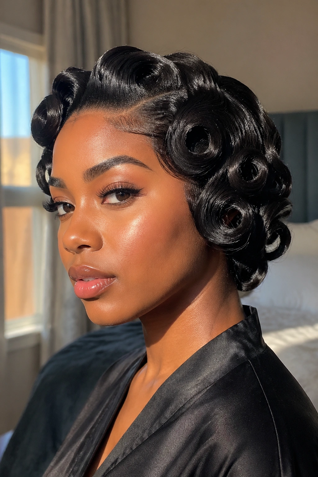 Close-up of a real woman with glossy pin curls on silk-pressed hair.