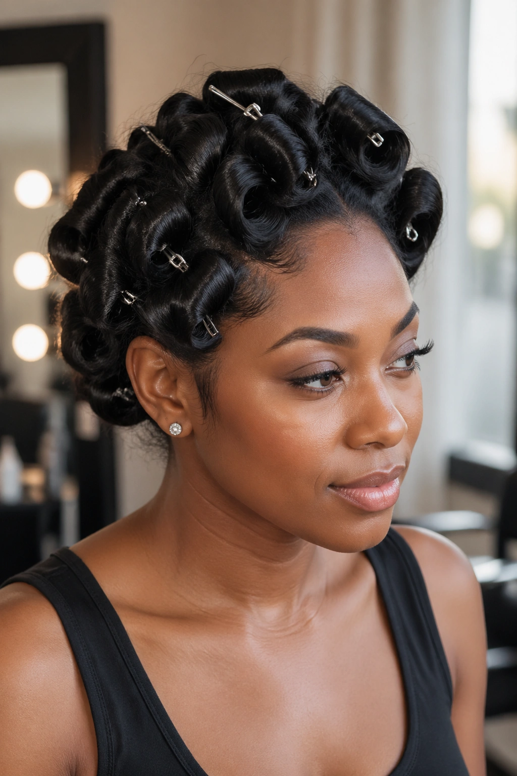 Real woman with silk-pressed natural hair showing pin curls being set in a salon setting.
