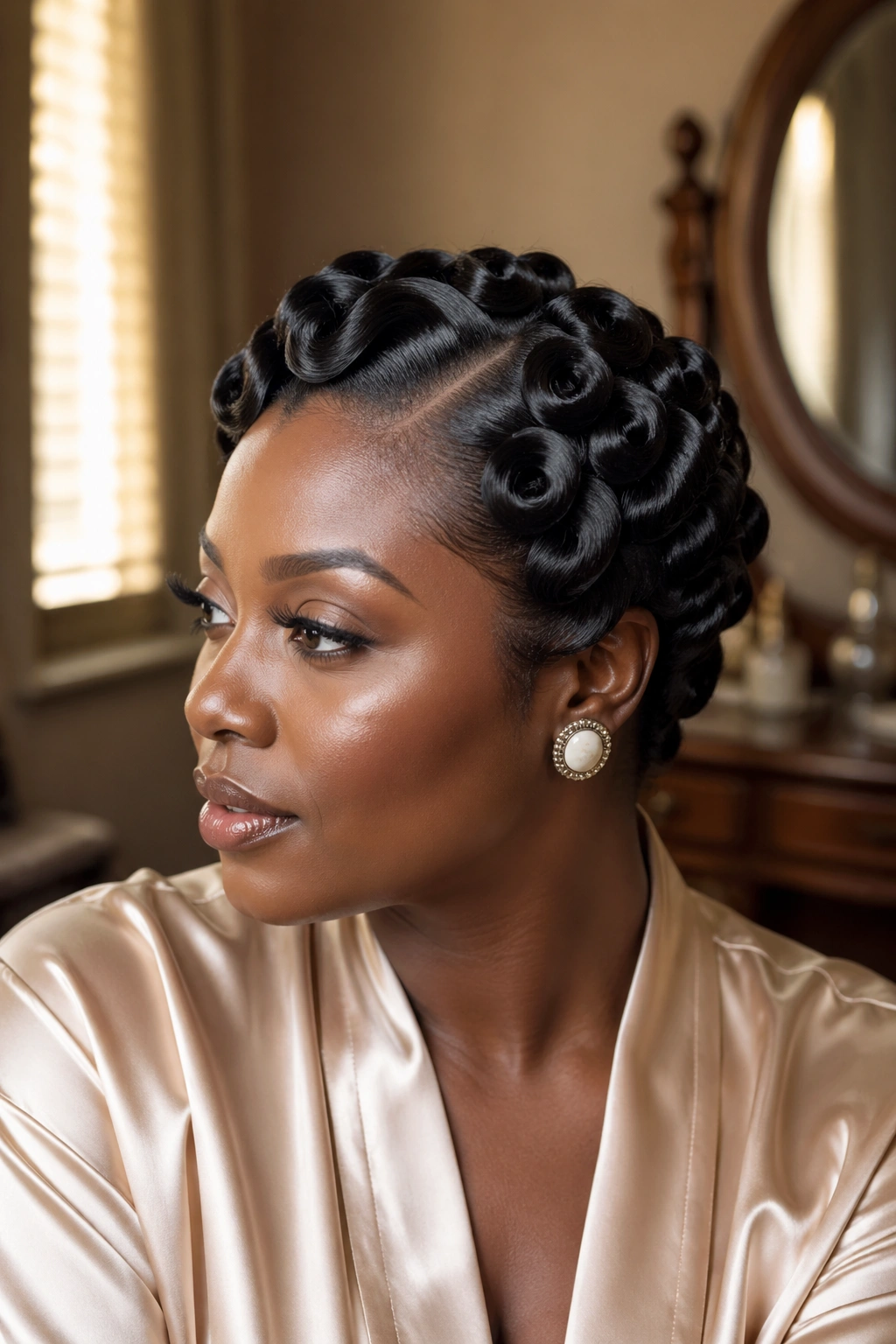 Close-up of a real woman with vintage sculpted pin curls on silk press