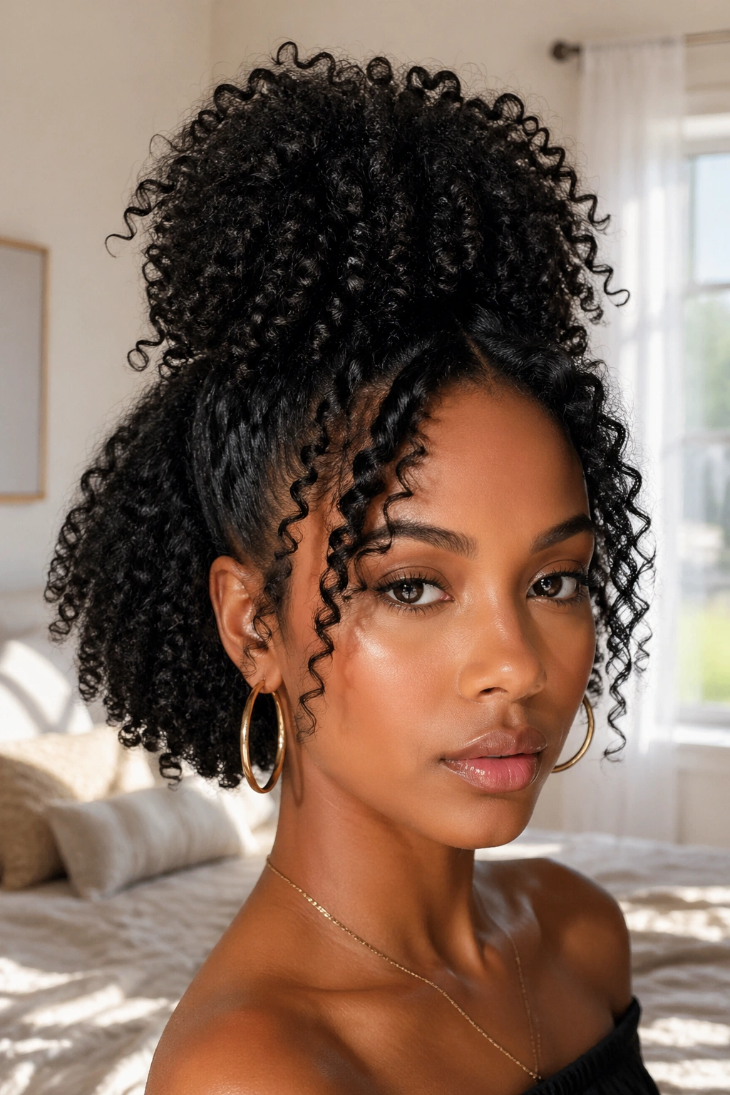 Close-up of a real woman with a pineapple-style high crown puff bob.