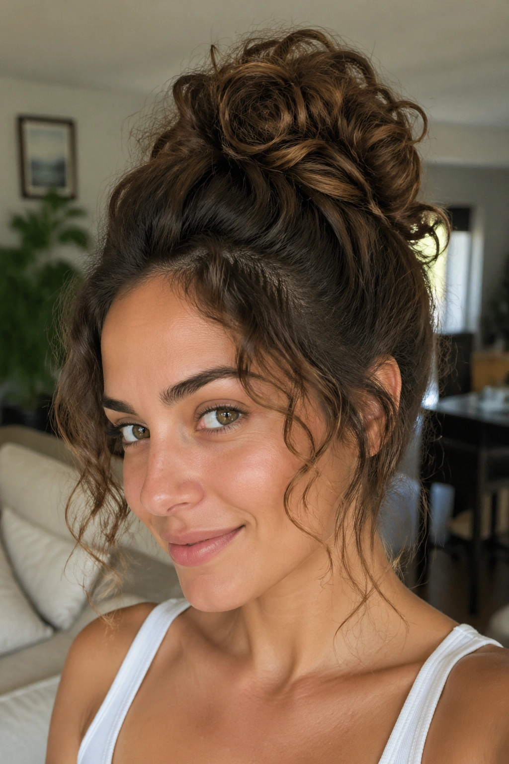 Real woman with a high loose pineapple bun and soft waves