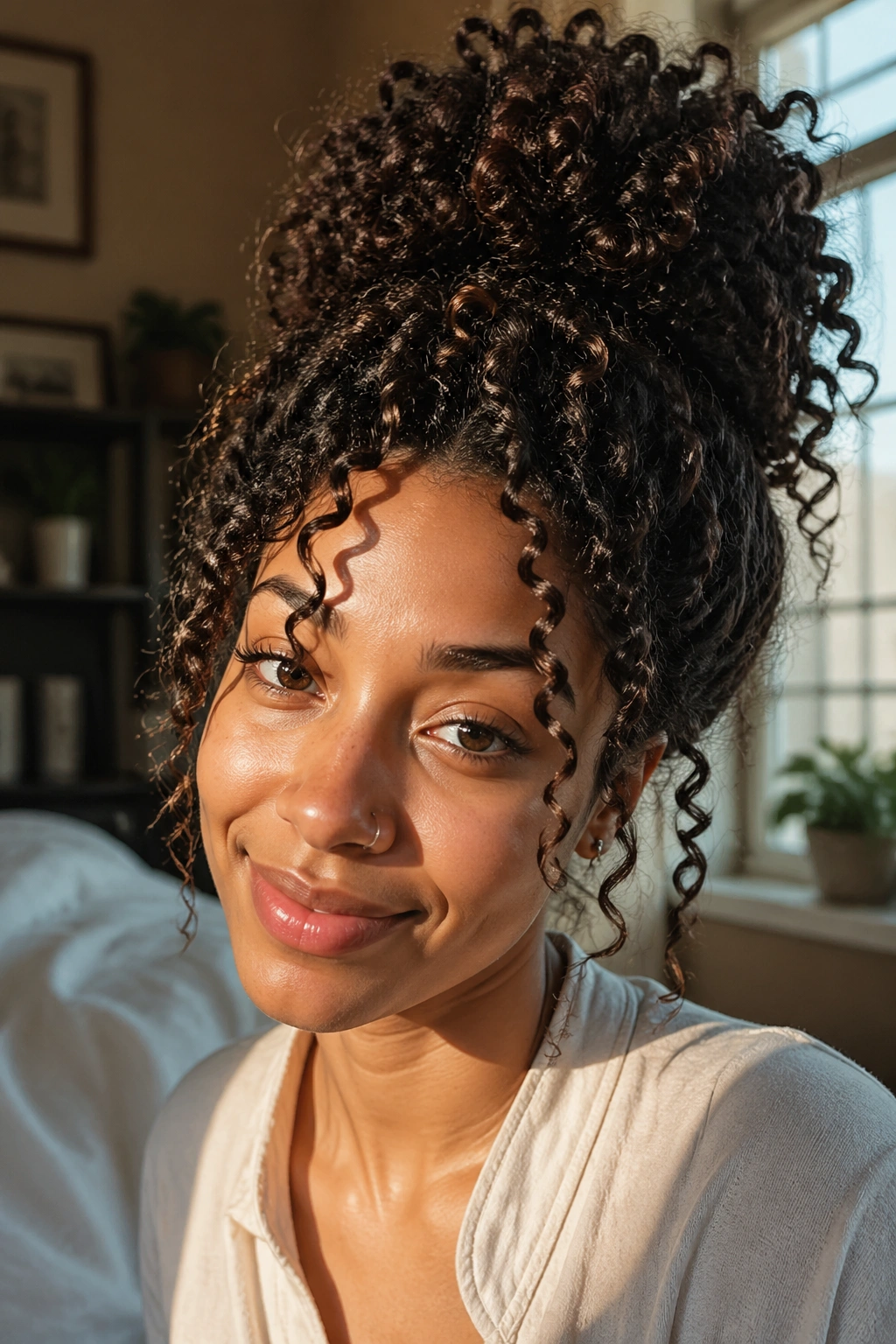 Close-up of a real woman with a pineapple top knot in morning light
