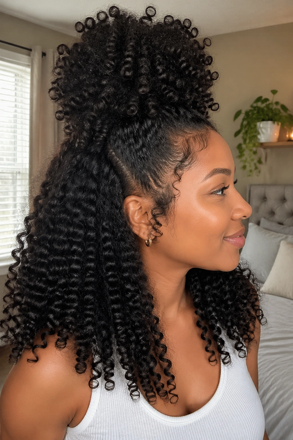 Side-profile of a real woman with a high pineapple crown and loose curls