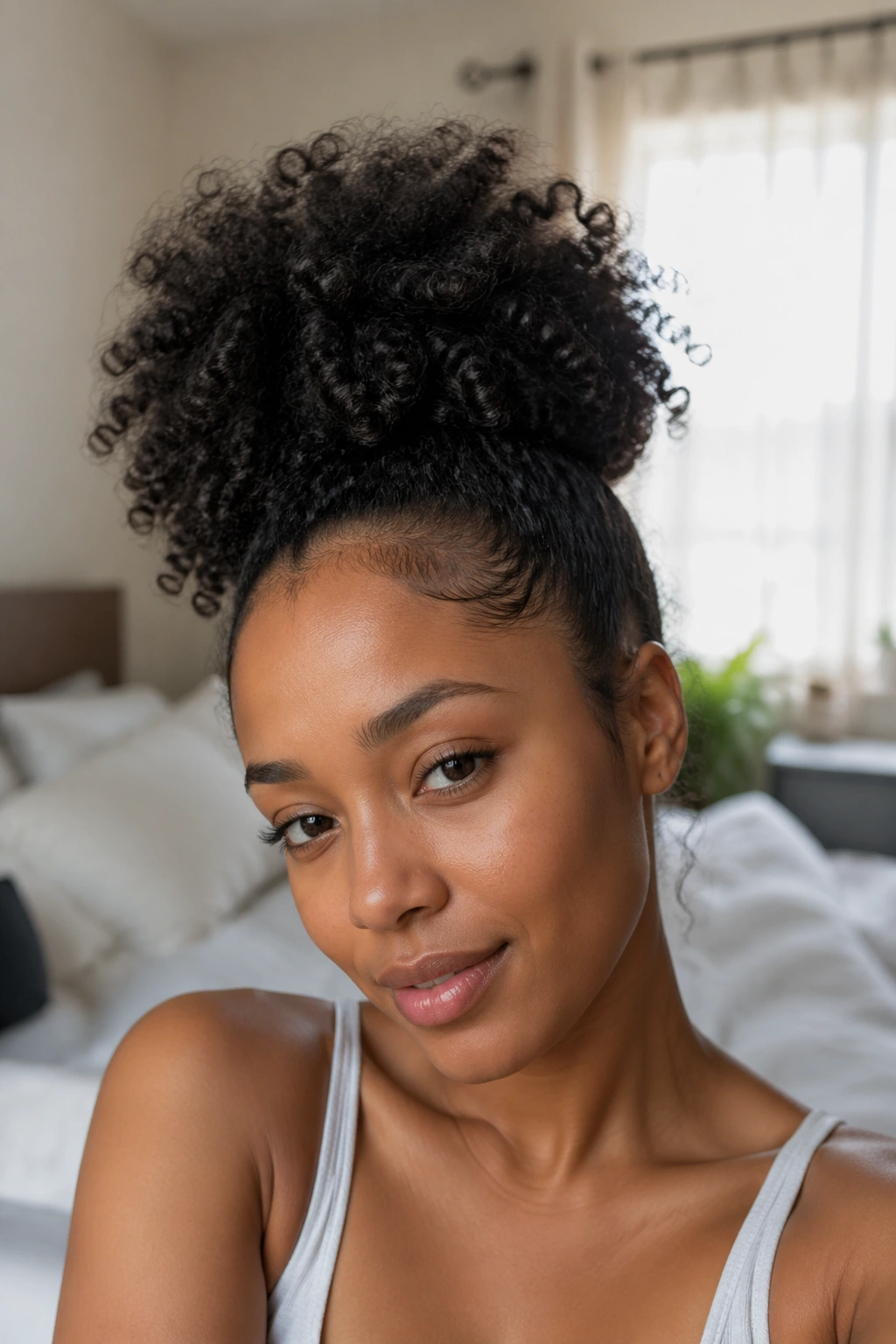 Close-up of a real woman with a pineapple-turned puff in morning light