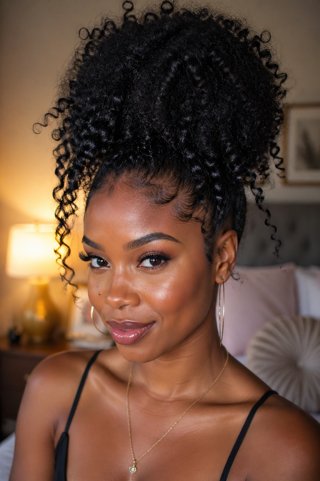Close-up of upswept pineapple updo with hair cascading forward