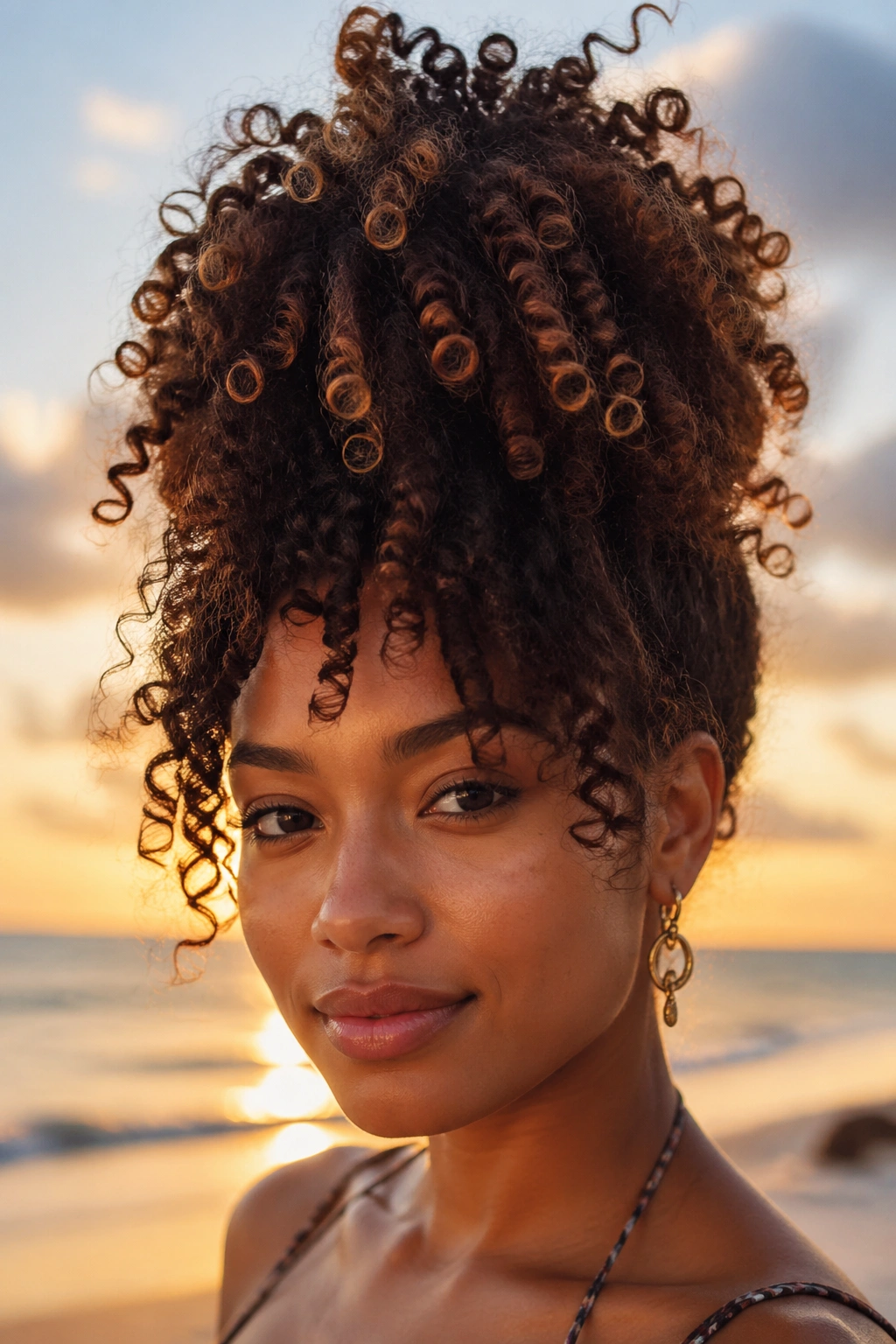 Close-up of a real woman with a pineapple updo at the beach, curls cascade forward