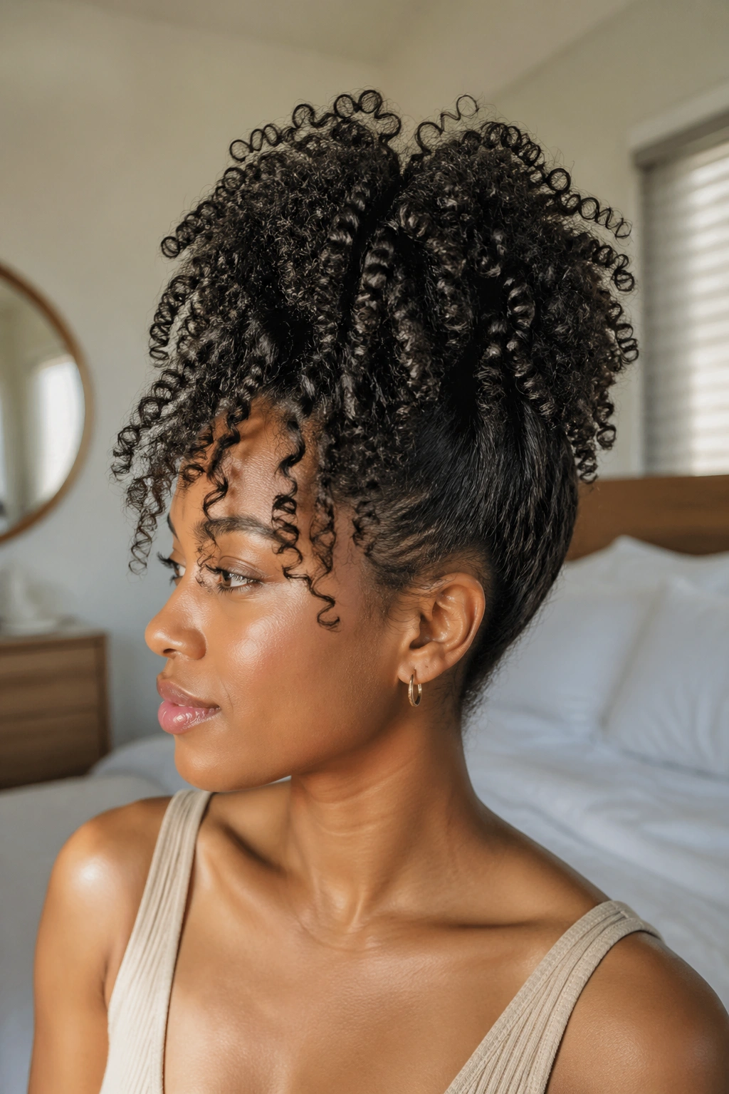 Portrait of a person with a classic pineapple updo.
