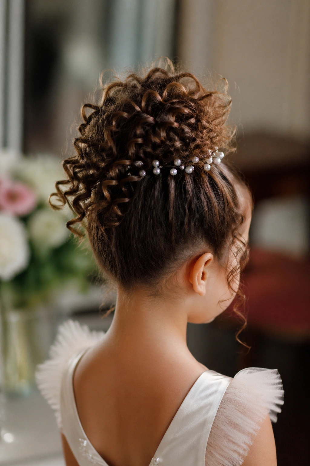Back view of a child with pineapple updo and pearl pins