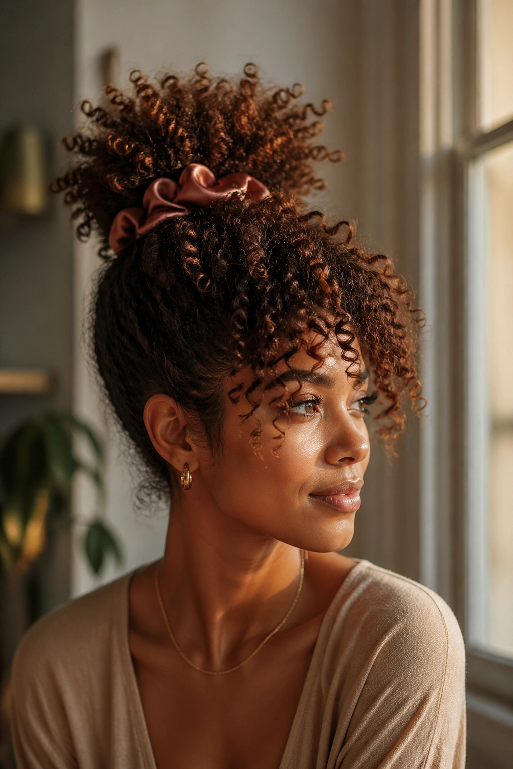 Portrait of a woman with a quick pineapple updo for 15-minute styling.