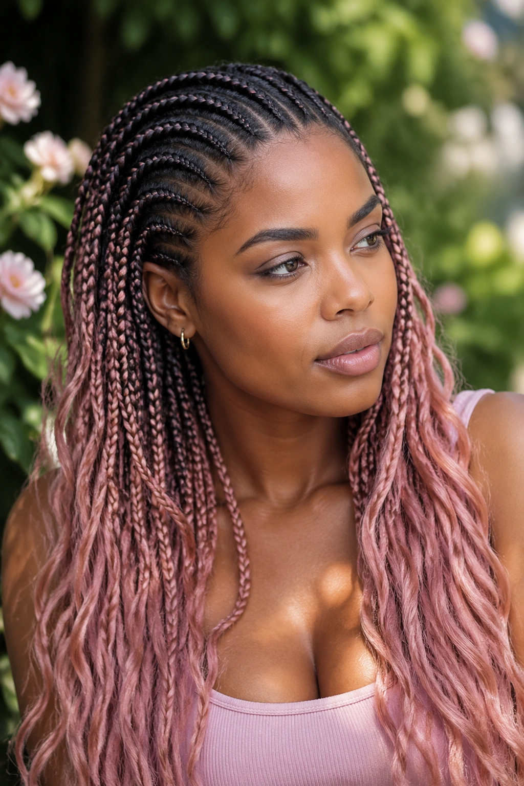 Close-up portrait of a woman with soft pink ombre on dark roots in cornrows
