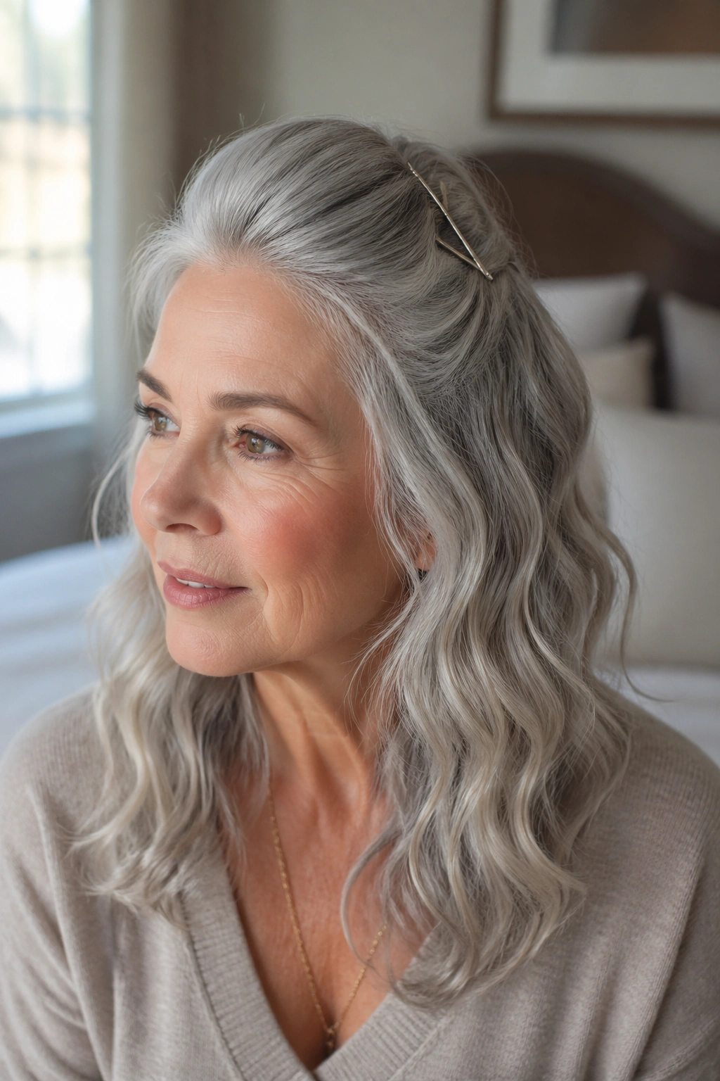 Close-up of a real woman with a pinned-back crown hairstyle featuring two bobby pins forming an X.