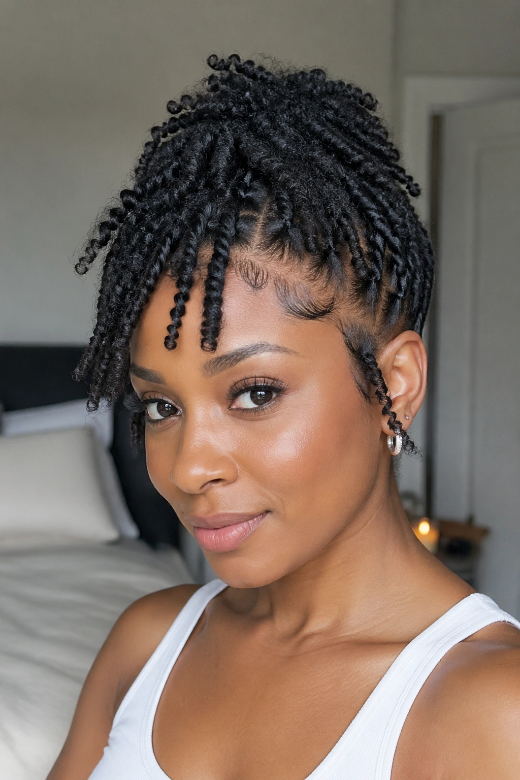 Close-up of a real woman with twists pinned upward at the crown.