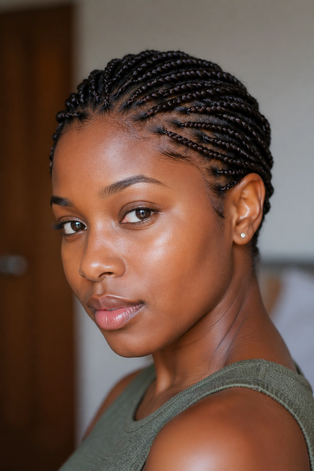 Close-up portrait of a real woman wearing pixie braids
