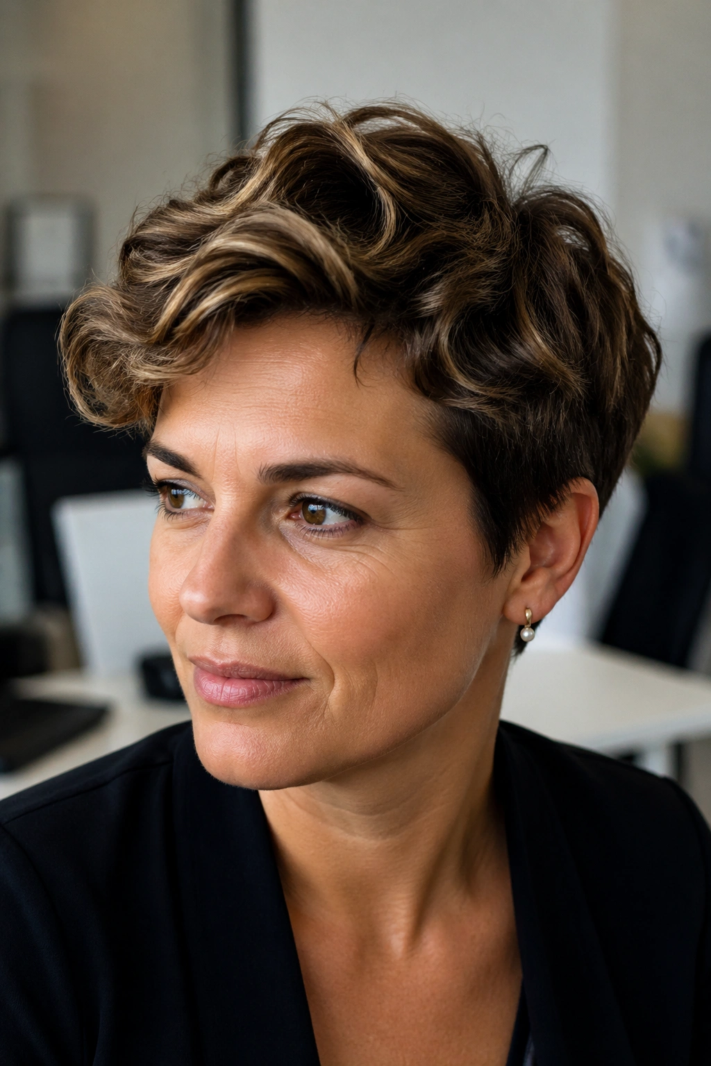Close-up portrait of a real woman with a wavy pixie grow-out in an office setting