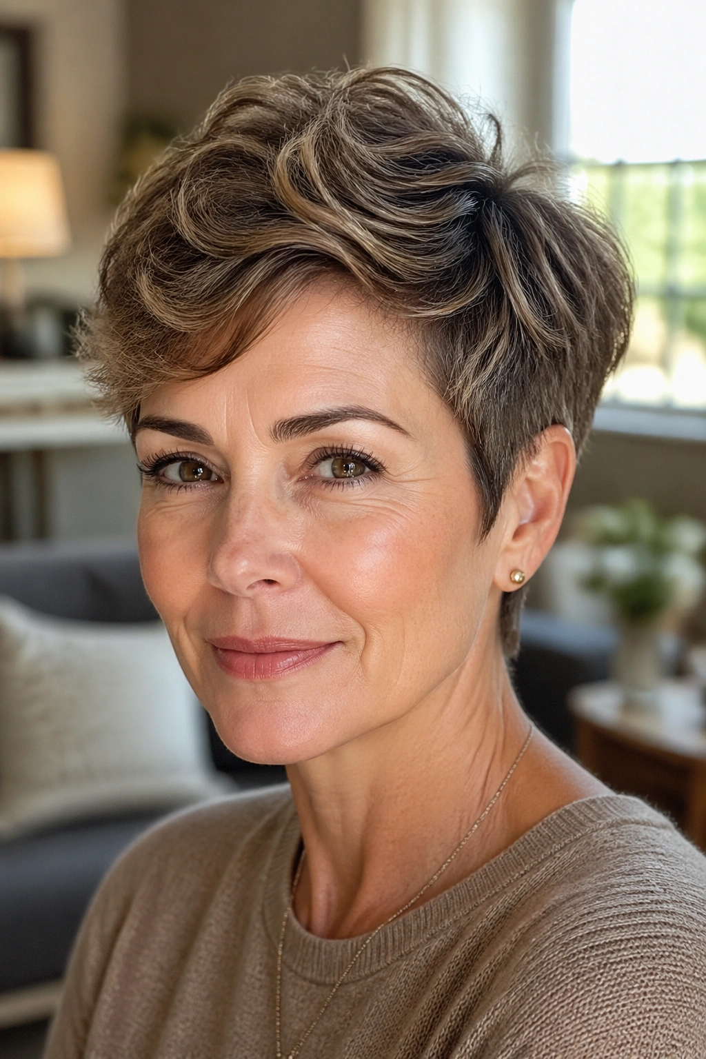 Close-up portrait of a woman with a textured pixie and longer crown in warm natural light