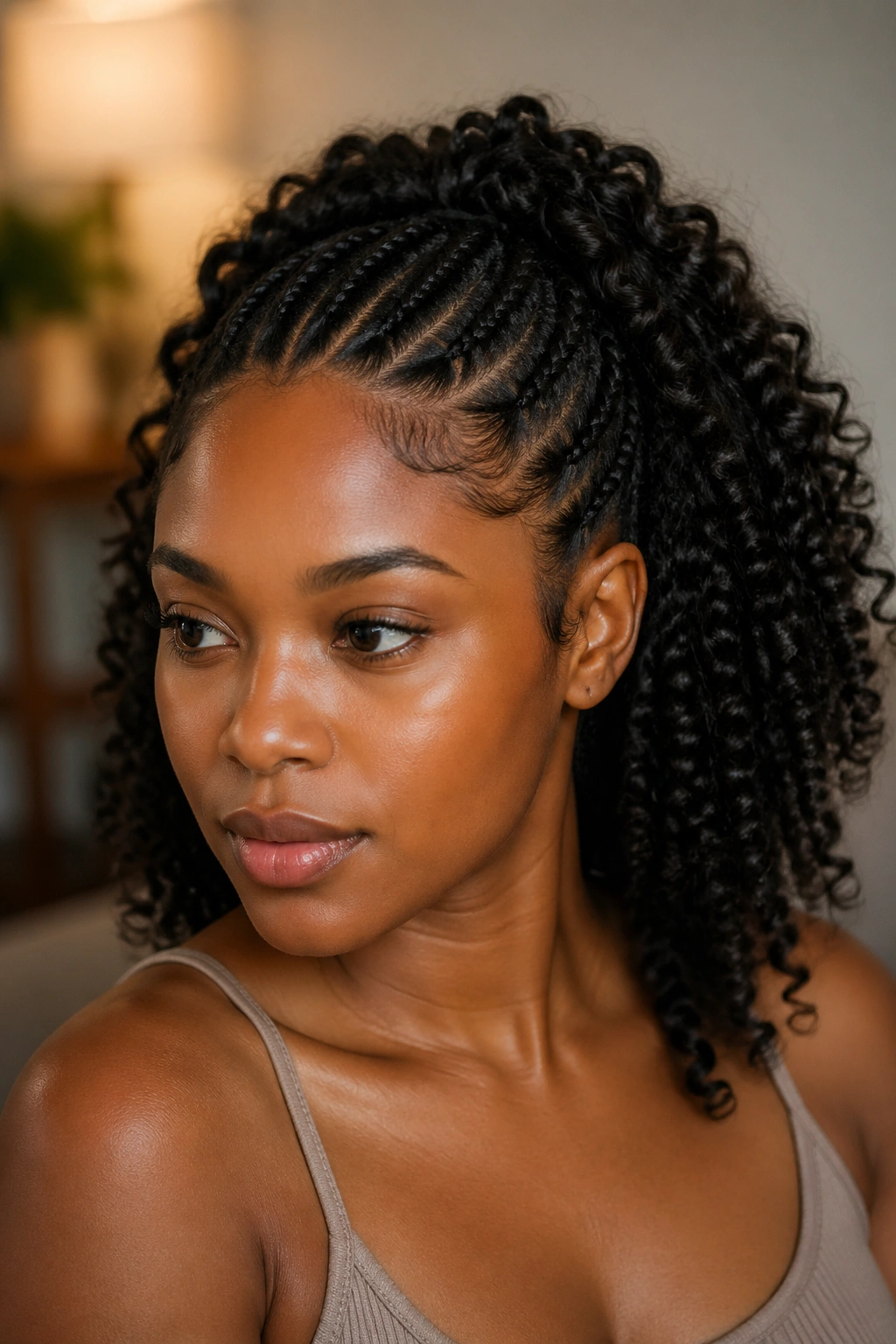 Close-up portrait of a woman with front braids and back curls planning the half braids half curls look