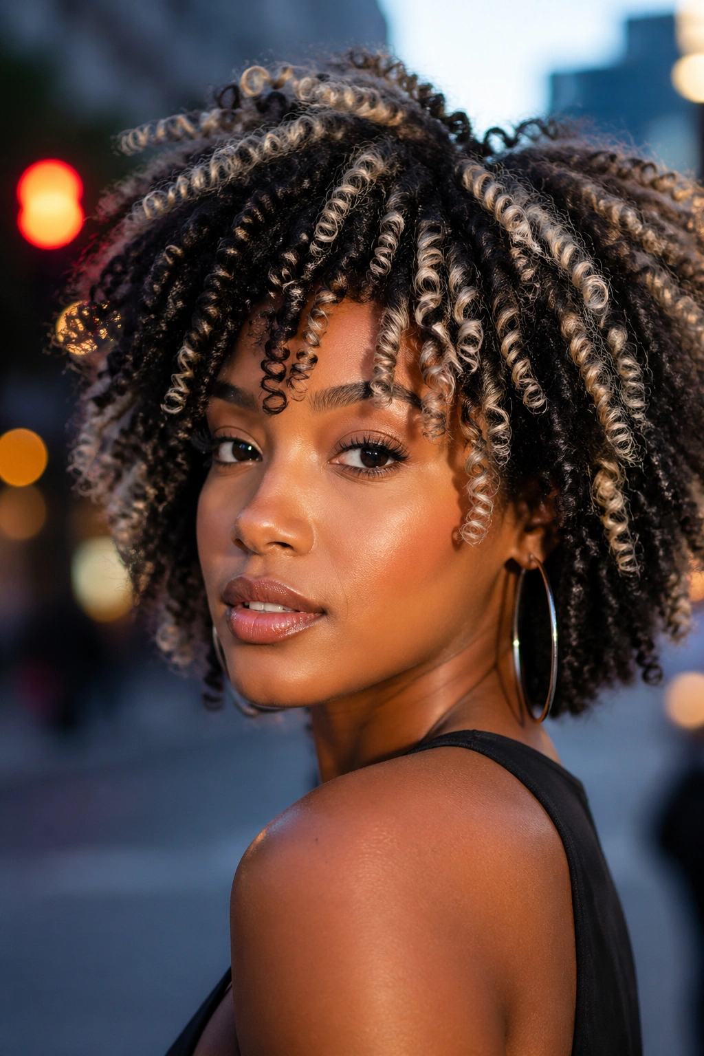 Close-up of a real person with platinum highlights on dark natural curls in a dusk urban setting