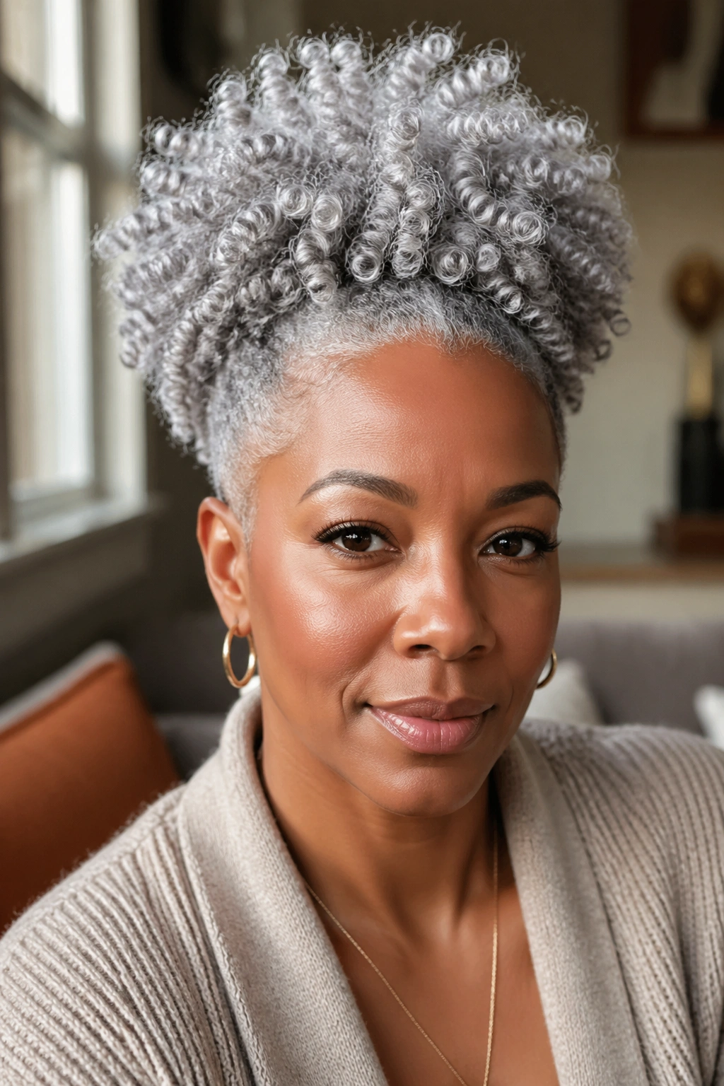Close-up of a real woman with platinum silver curly puff on short hair