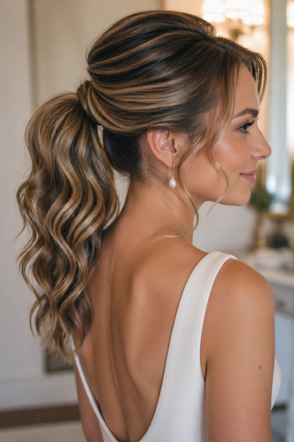 Close-up of a real bride with a polished mid-height wavy ponytail in a bridal suite.