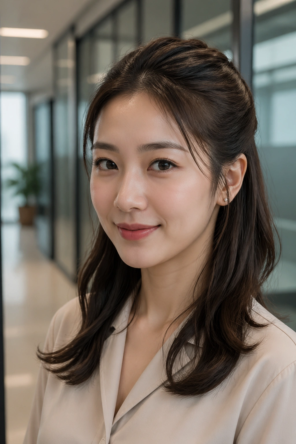 Close-up of a real woman with a polished office half ponytail in a modern office setting