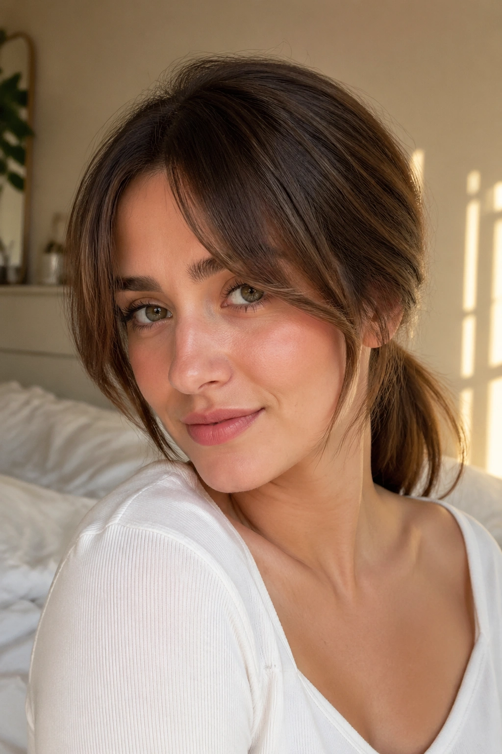Close-up portrait of a real woman with a casual ponytail and curtain bangs in a warm bedroom.
