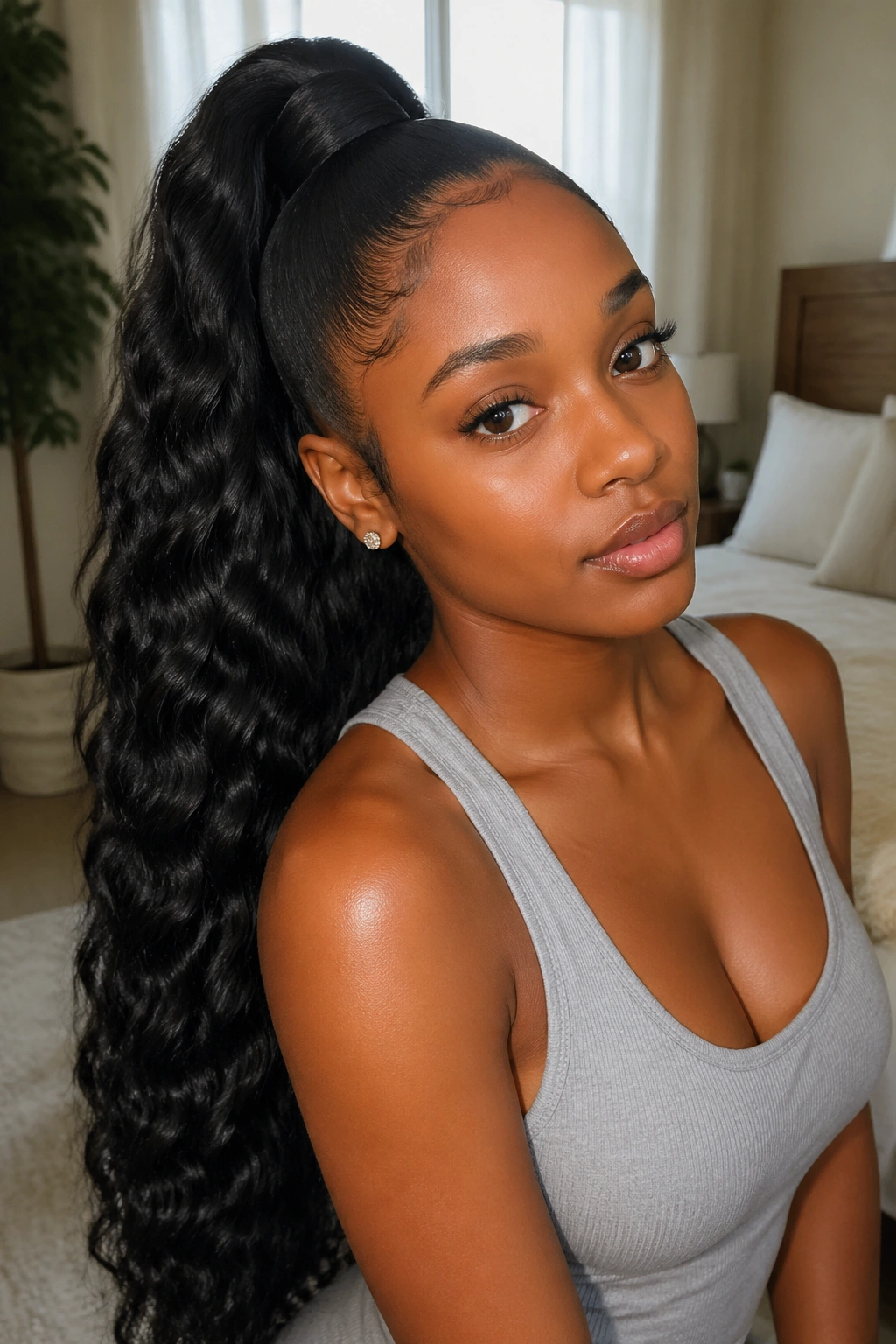 Close-up of a real woman with a finished ponytail extension in a cozy bedroom