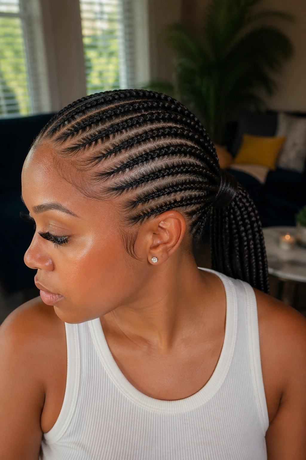 Close-up of a real woman with a ponytail featuring a wrapped kanekalon base.