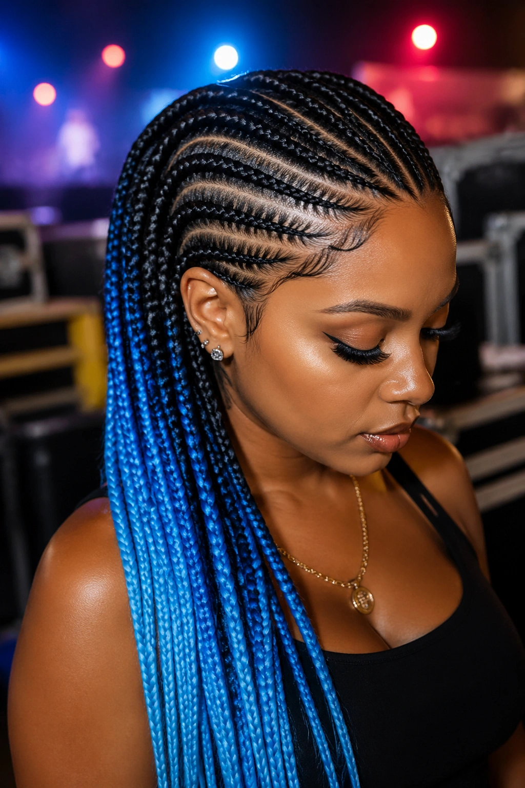 Close-up of a real person with cornrows transitioning to electric blue ends