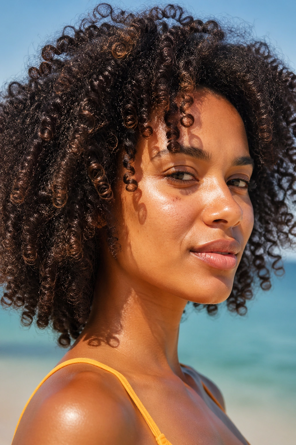 Close-up portrait showing porosity cues in curly hair under sun