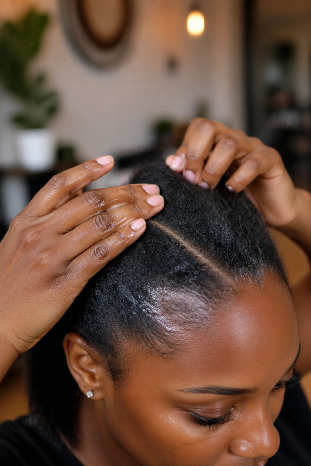 Close-up of hair prep before cornrow bun