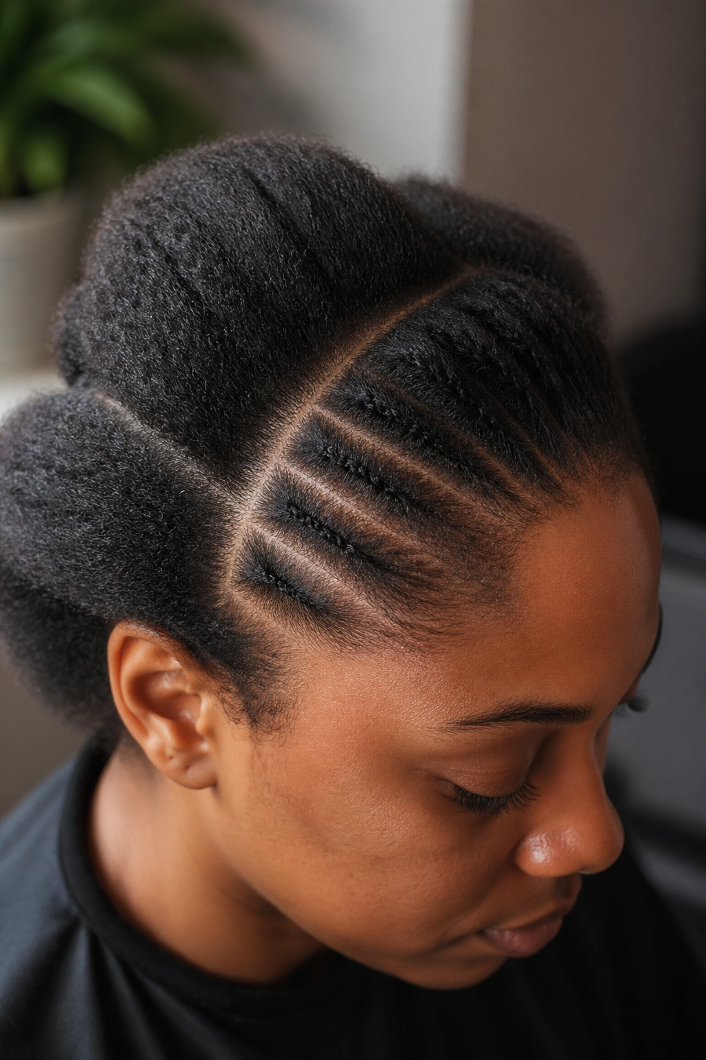 Close up of prepped stretched hair with tiny parts for small cornrows on a real person