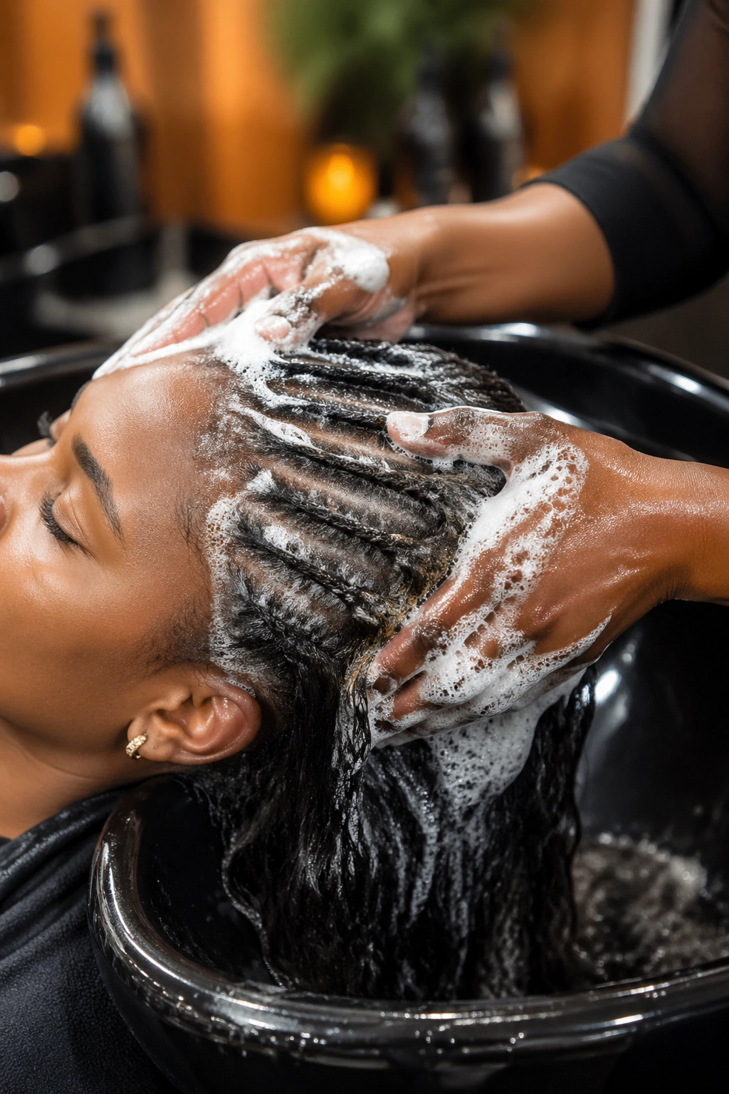 Close-up of hair prep at salon with clarifying wash