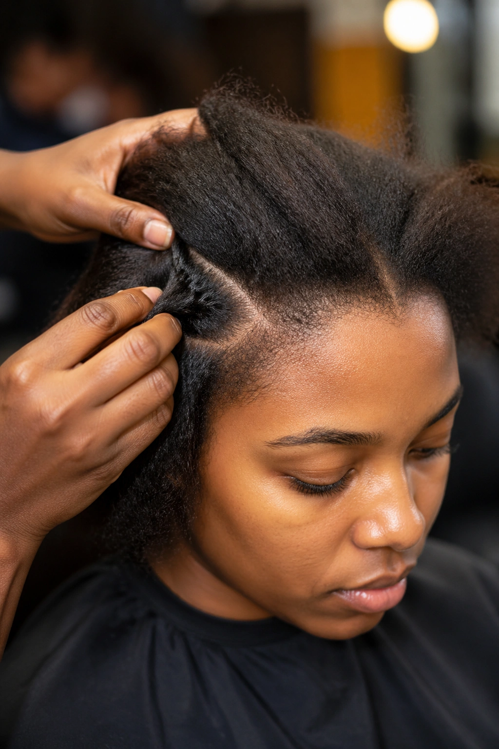Close-up of a clean, prepped scalp in a salon for ombre cornrow installation.