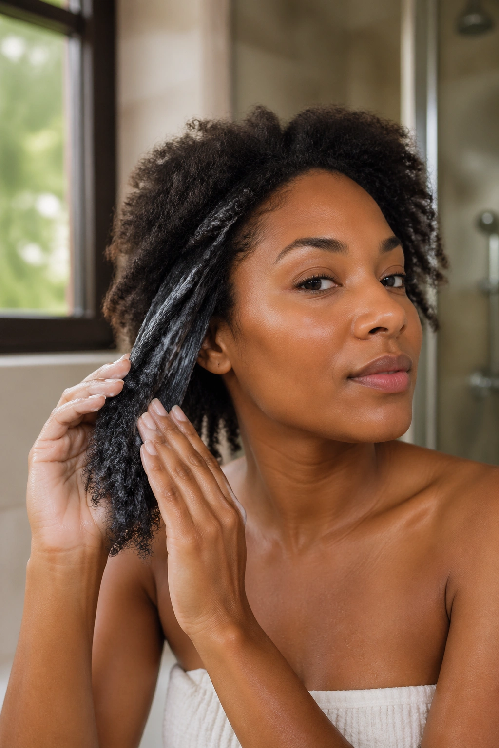 Close-up of a real person applying coconut oil to dry curls in a bathroom
