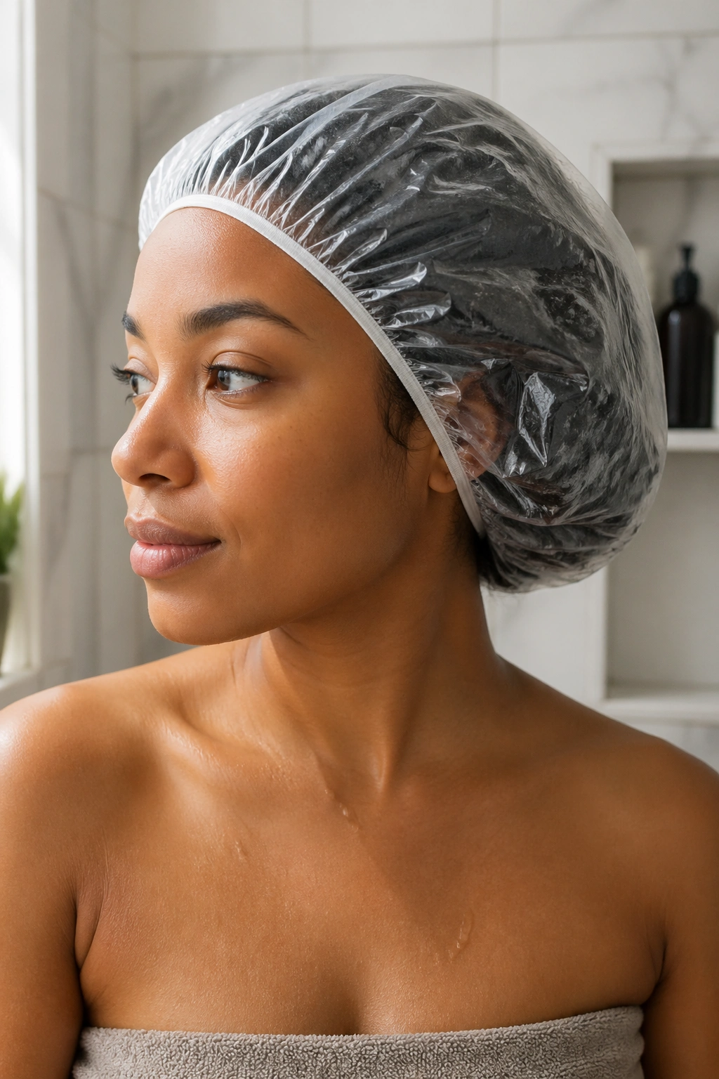Close-up of damp hair under a clear conditioning cap in a bathroom setting