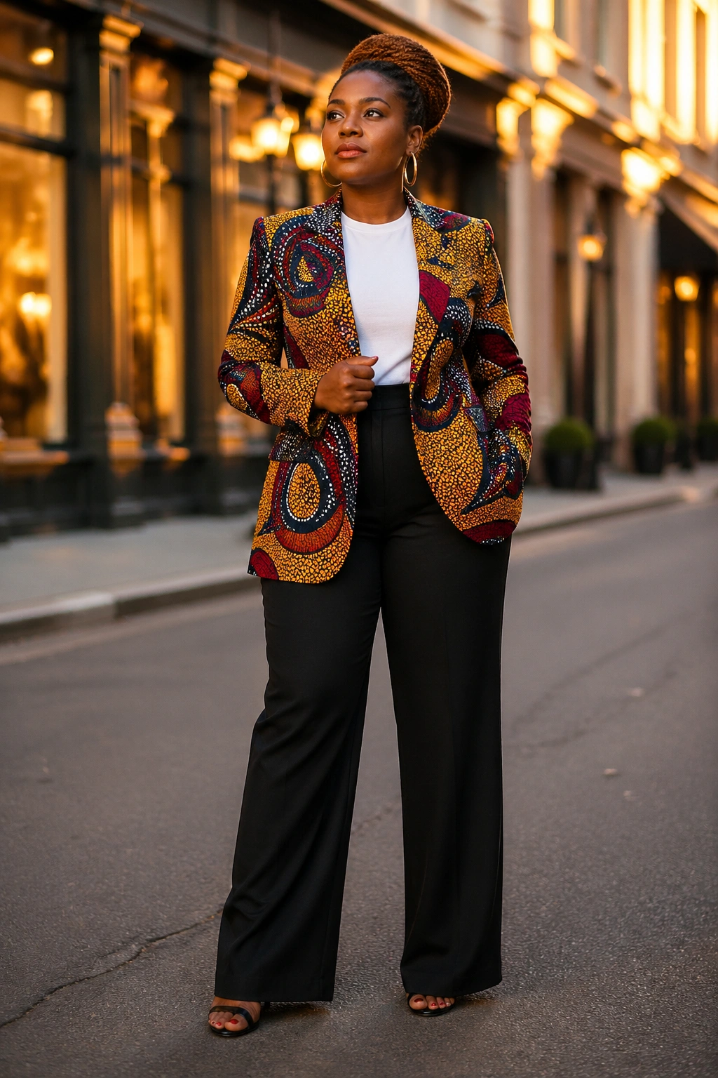 Printed blazer bold piece on real woman outdoors