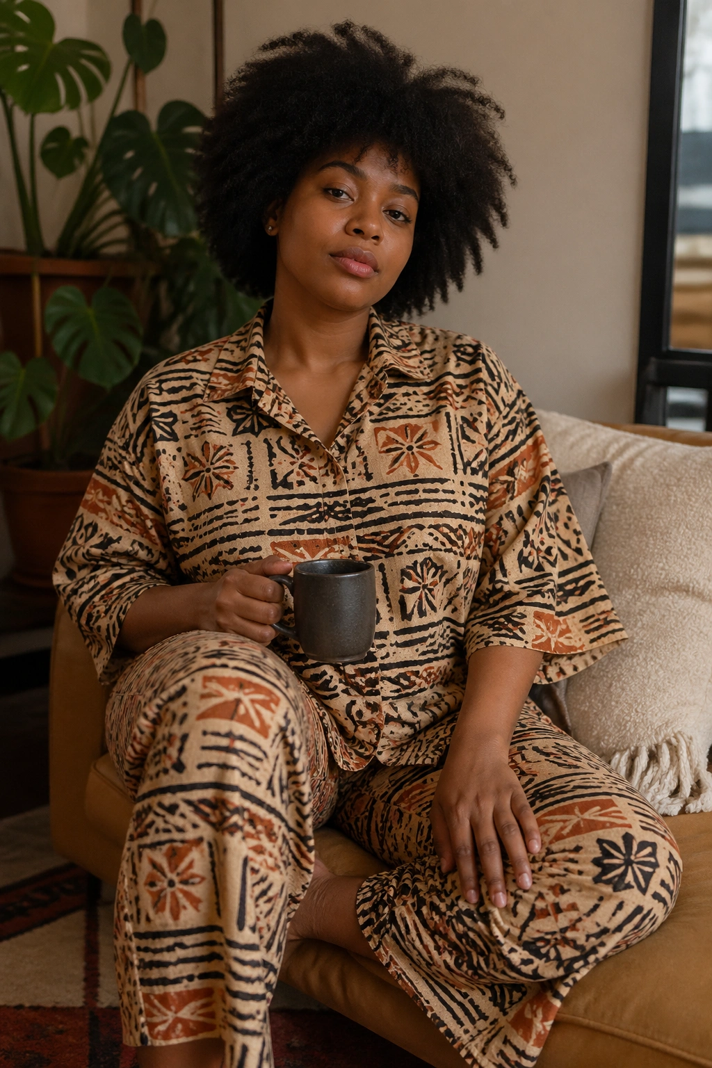Person in matching printed lounge set at home