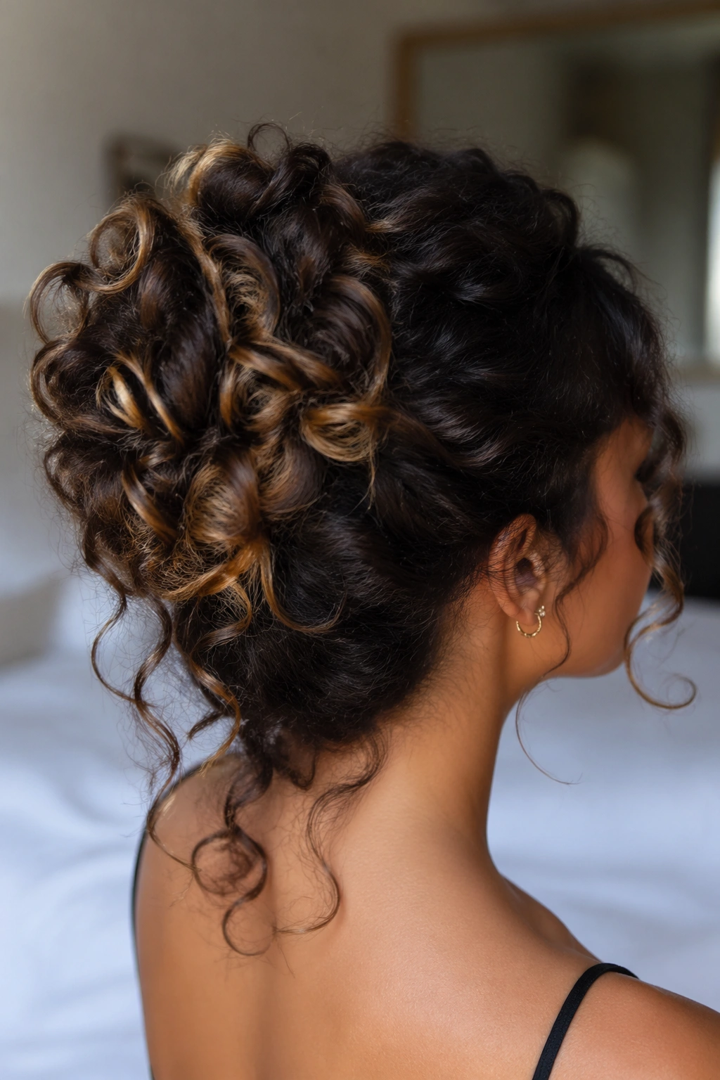 Close-up of curly hair with subtle highlights suitable for prom