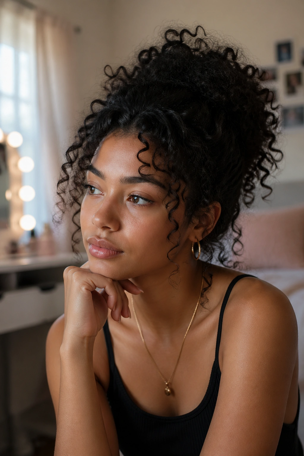 Close-up portrait of a woman with natural curls in warm window light for prom hair planning