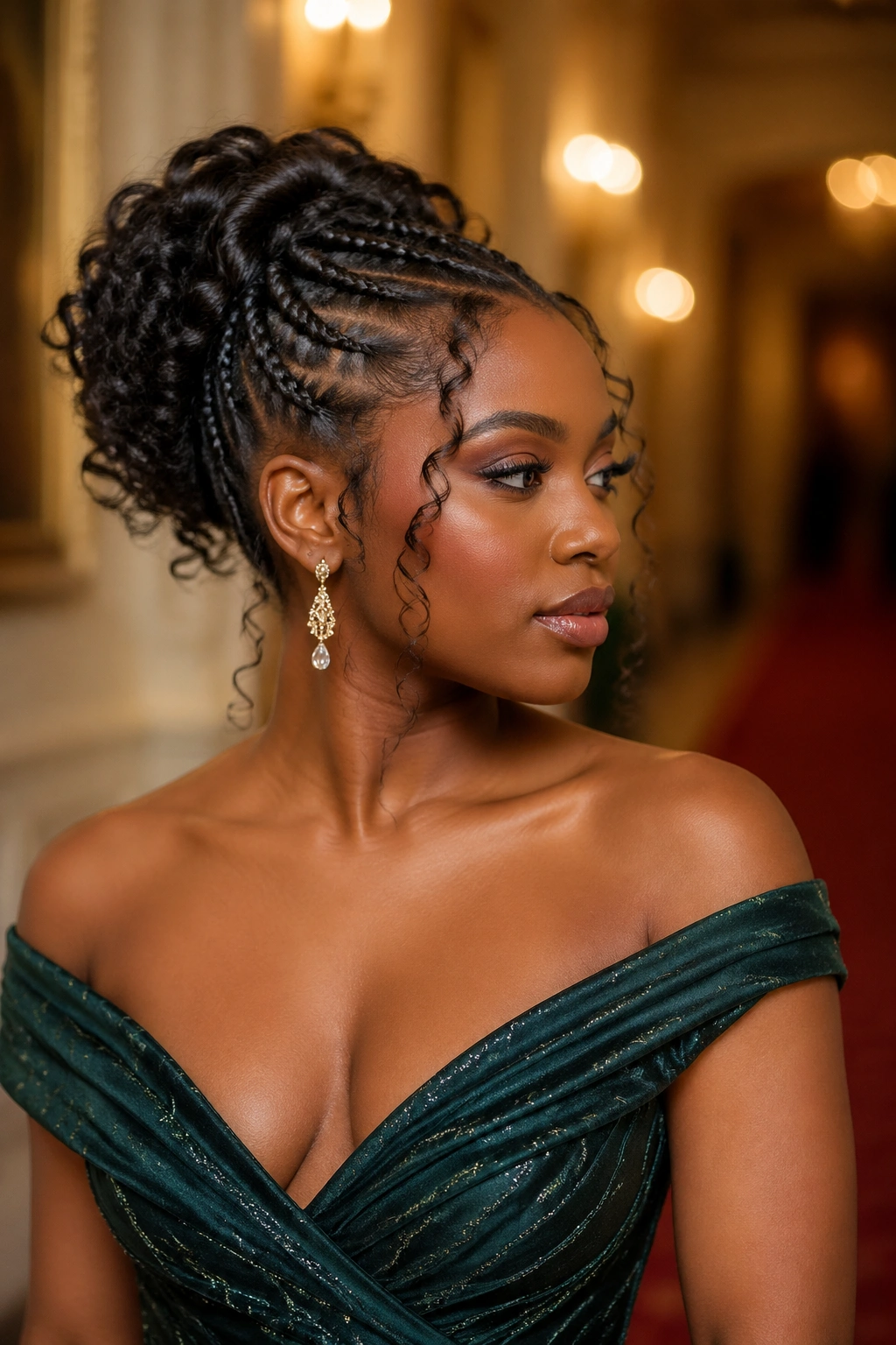 Portrait of a woman with a braided updo and an off-shoulder formal dress