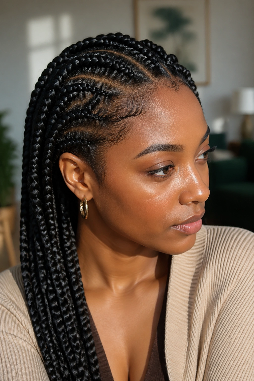 Close-up of a person wearing a neat protective hairstyle in a home setting