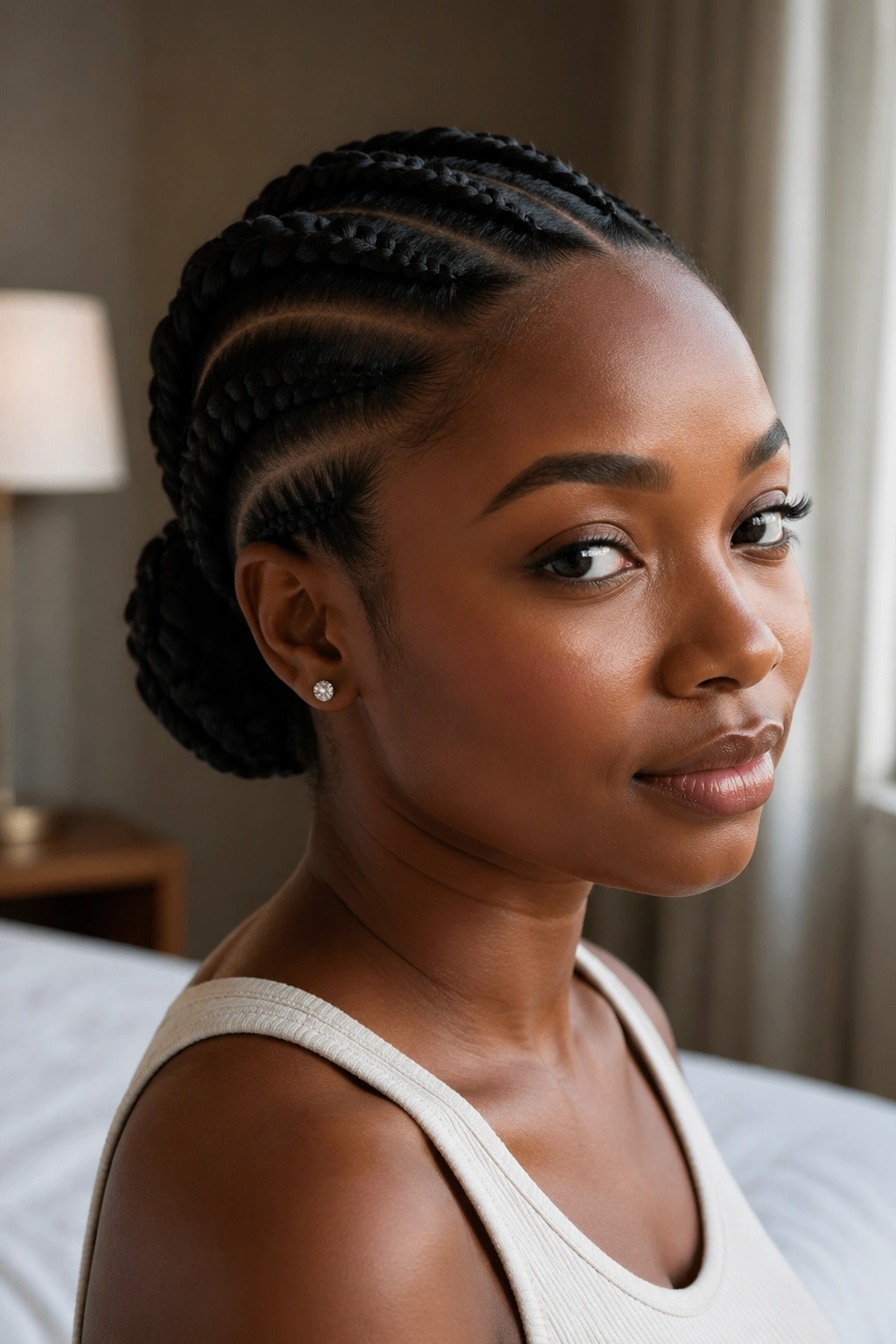 Close-up portrait of a real Black woman with ends tucked in a protective hairstyle under soft bedroom lighting